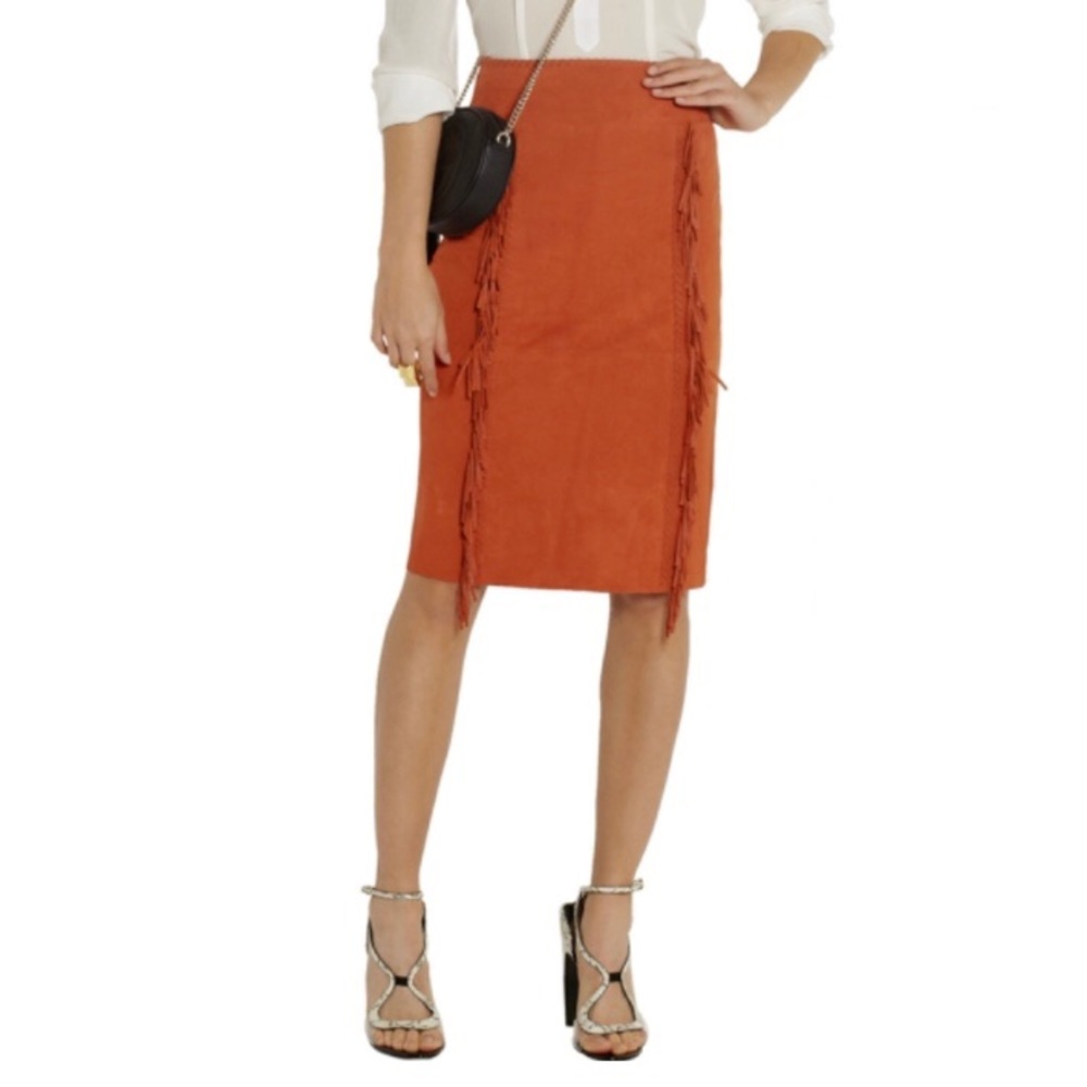 Tamara Mellon rust suede fringe skirt